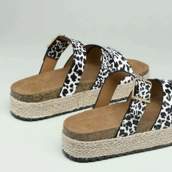 Leopard Strappy Cork Espadrille Sandals Slip On Animal Print Slides Summer Shoes - Picture 3 of 6